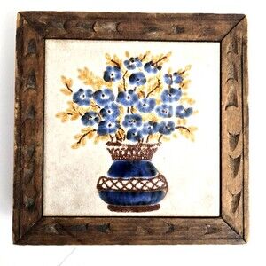Vtg Italian Blue Floral Art Ceramic Tile Trivet Carved Wood Frame 7.75"x7.75"